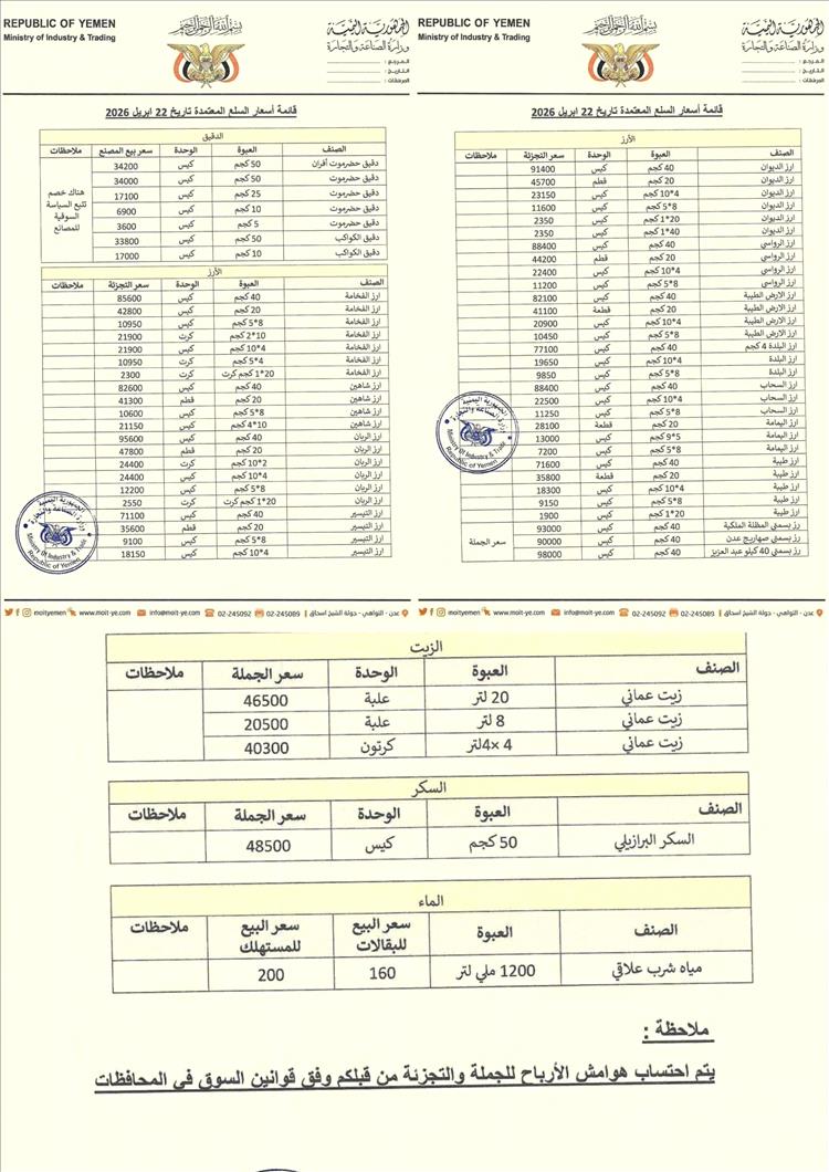 الصناعة والتجارة بعدن تُلزم الأسواق بتطبيق القوائم السعرية المرجعية وتتوعد المخالفين بإجراءات صارمة