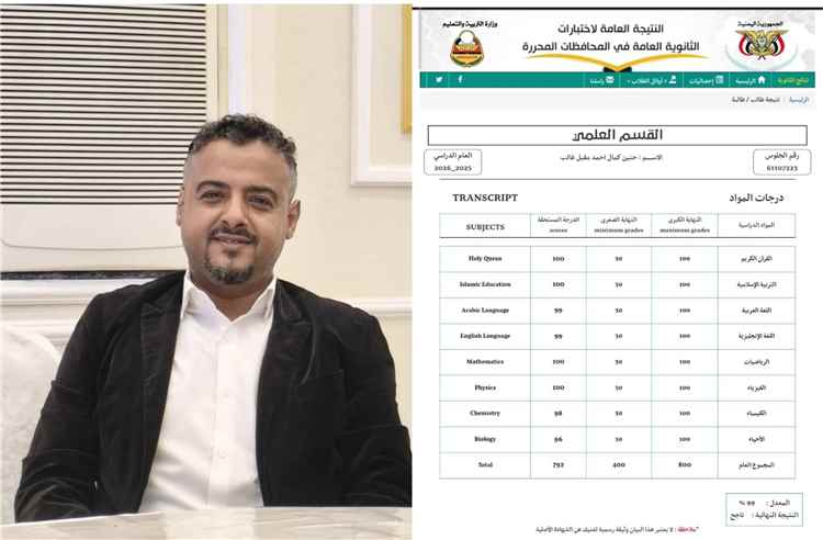 الأستاذ سامي البعسي وأسرته يهنئون الطالبة حنين كمال النقيب بتفوقها وحصدها المركز السادس على عدن والثامن جمهورياً