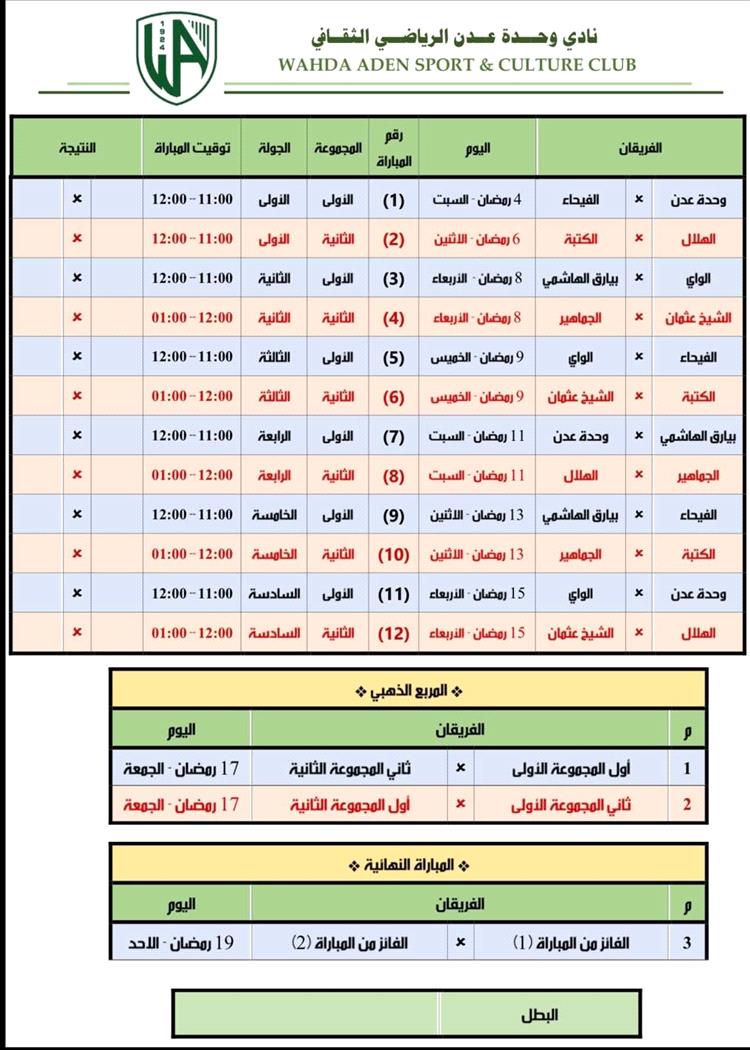 اليوم السبت.. انطلاق البطولة الرمضانية لجميع الفئات العمرية بنادي وحدة عدن