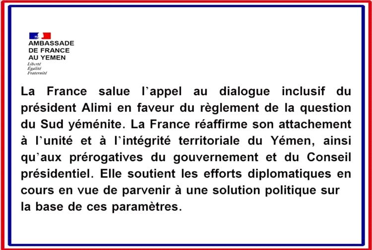 فرنسا ترحب بدعوة الرئيس العليمي للحوار وتجدد تمسكها بوحدة اليمن