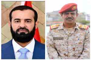 اللواء الركن مسفر الحارثي يهنئ محافظ أبين بمناسبة تعيينه قائداً لمحور أبين وترقيته إلى رتبة لواء