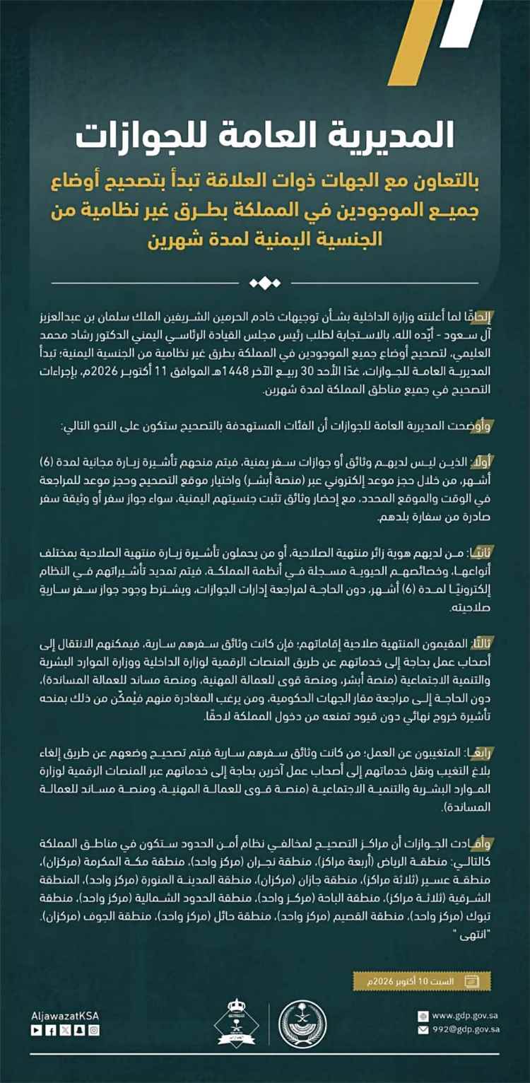 الجوازات السعودية تبدأ تصحيح أوضاع اليمنيين المخالفين لأنظمة الإقامة لمدة شهرين